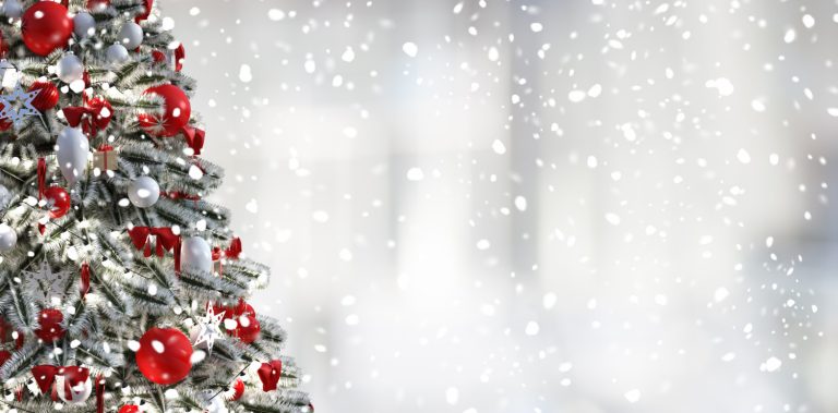 Christmas tree and bright white snowy background
